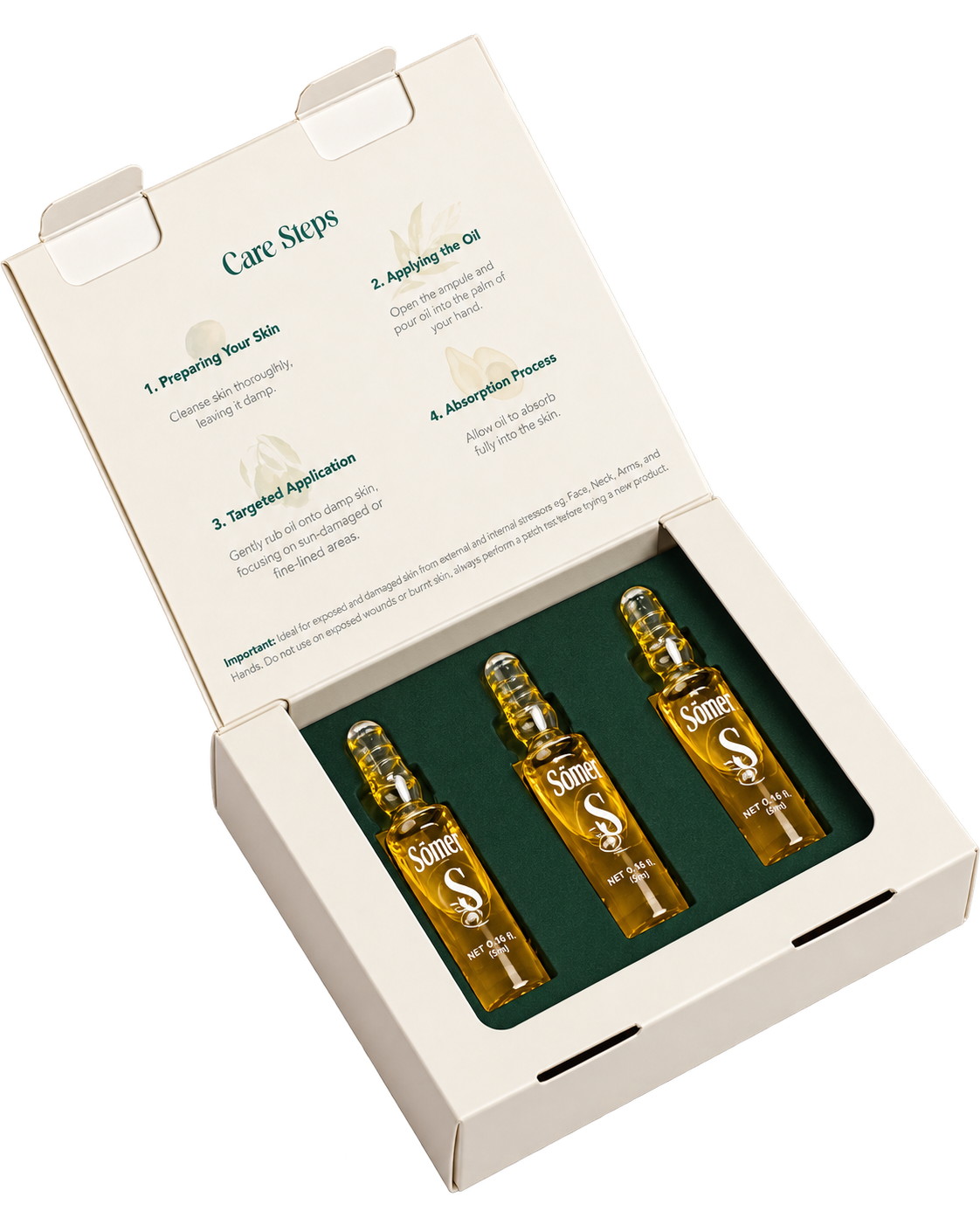 An open Sómeu Dermal Oil 3-pack with three golden ampoules.